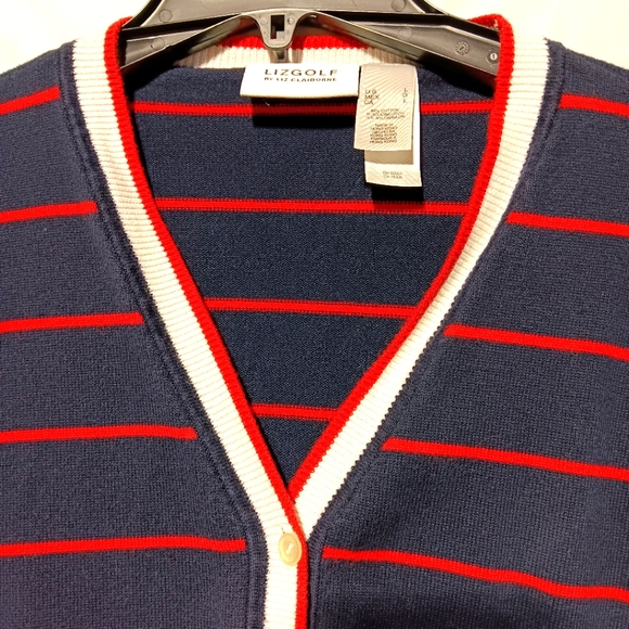 Liz Golf EUC Women's V-neck Cardigan, Large, Navy with Red Stripes White Accents - Picture 3 of 9